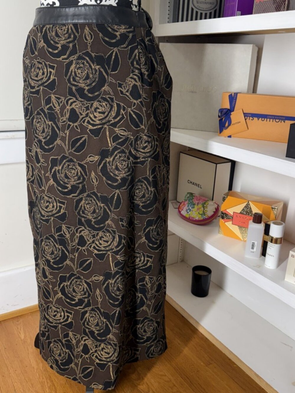 Vtg Melrose Studio Brown & Black Faux leather Floral Maxi pencil Skirt size 10
